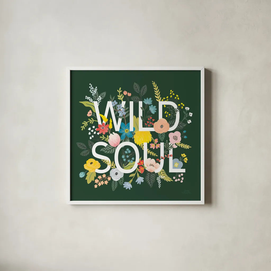 Wild Garden I Green by Laura Marshall. Shown in a crisp white glass frame for a clean and minimalist style. Available as an archival giclee rolled canvas, fine art paper, or poster print. SKU 56468a.