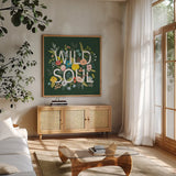 Wild Garden I Green by Laura Marshall. Shown in a natural wood frame in a cozy modern living room. Available as an archival giclee rolled canvas, fine art paper, or poster print. SKU 56468a.