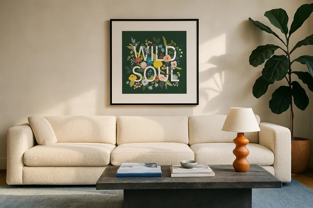 Wild Garden I Green by Laura Marshall. Displayed in a glass frame with matte in a clean modern living room. Available as an archival giclee rolled canvas, fine art paper, or poster print. SKU 56468a.