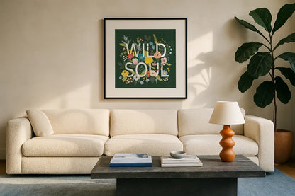 Wild Garden I Green by Laura Marshall. Displayed in a glass frame with matte in a clean modern living room. Available as an archival giclee rolled canvas, fine art paper, or poster print. SKU 56468a.