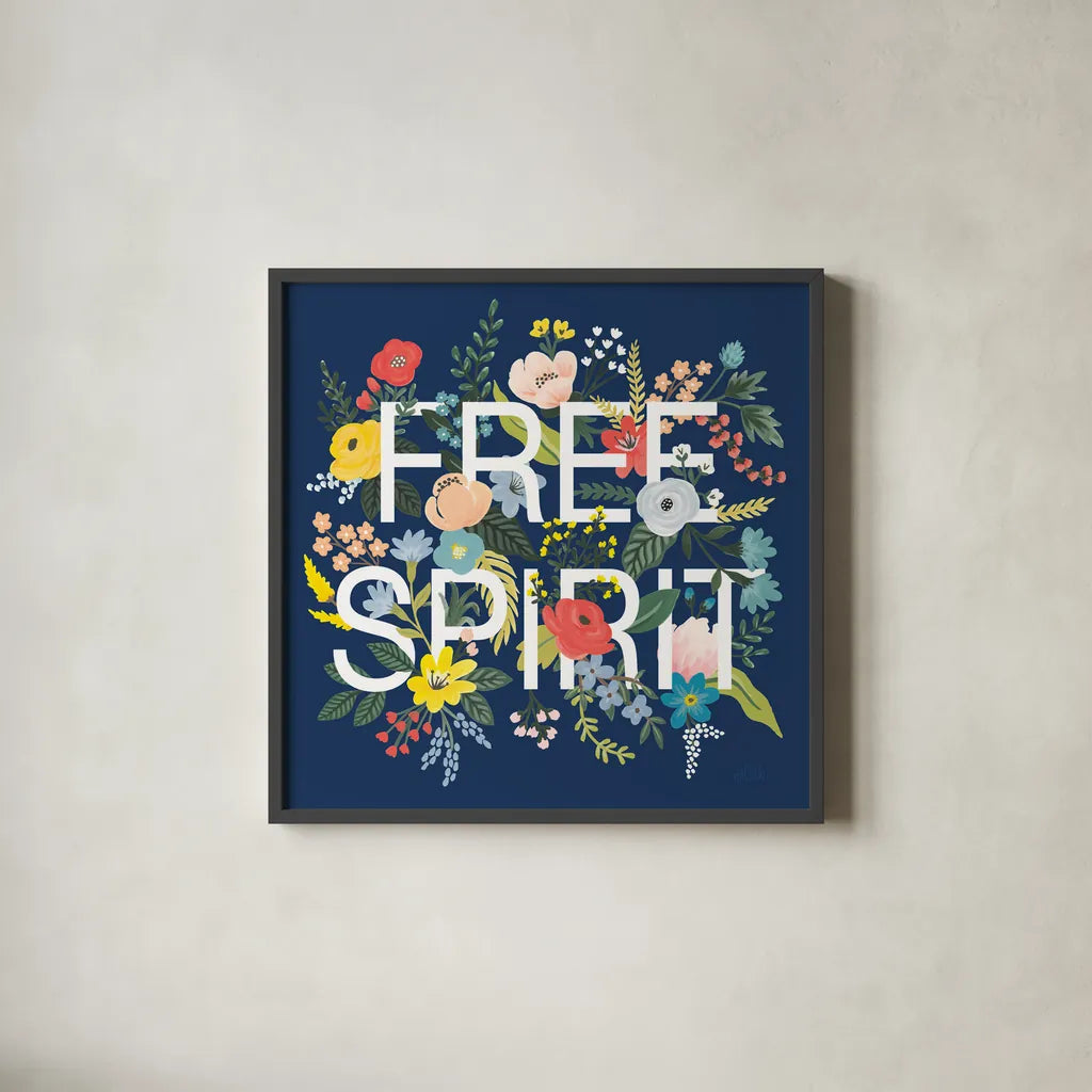 Wild Garden II Navy by Laura Marshall. Shown in a sleek black glass frame for a contemporary gallery look. Available as an archival giclee rolled canvas, fine art paper, or poster print. SKU 56469a.