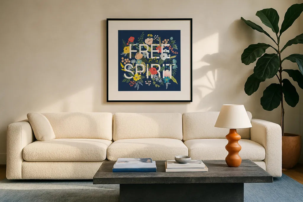 Wild Garden II Navy by Laura Marshall. Displayed in a glass frame with matte in a clean modern living room. Available as an archival giclee rolled canvas, fine art paper, or poster print. SKU 56469a.