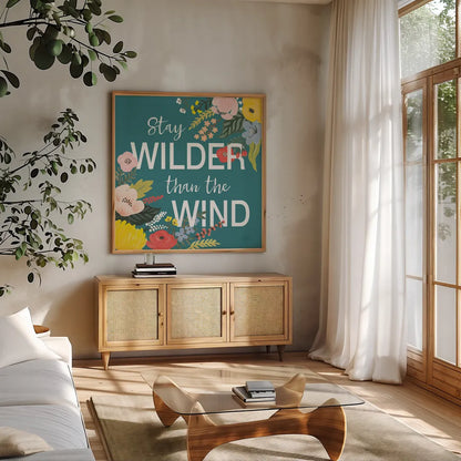 Wild Garden III by Laura Marshall. Shown in a natural wood frame in a cozy modern living room. Available as an archival giclee rolled canvas, fine art paper, or poster print. SKU 48007a.
