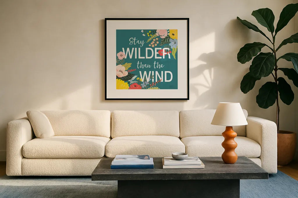 Wild Garden III by Laura Marshall. Displayed in a glass frame with matte in a clean modern living room. Available as an archival giclee rolled canvas, fine art paper, or poster print. SKU 48007a.