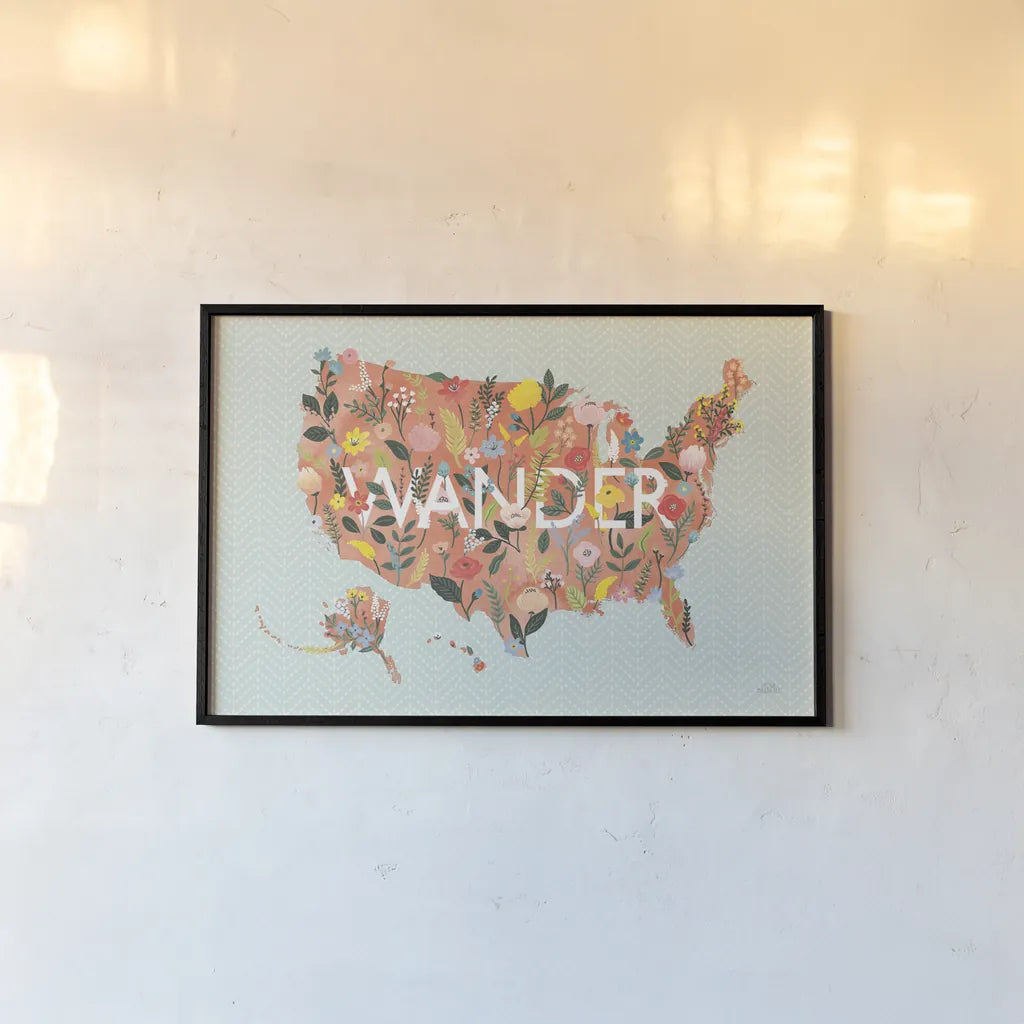 Wild Garden USA by Laura Marshall. shown as a paper print in a black flame. Available as a archival giclee rolled canvas, fine art paper, or poster print. SKU 49065i.