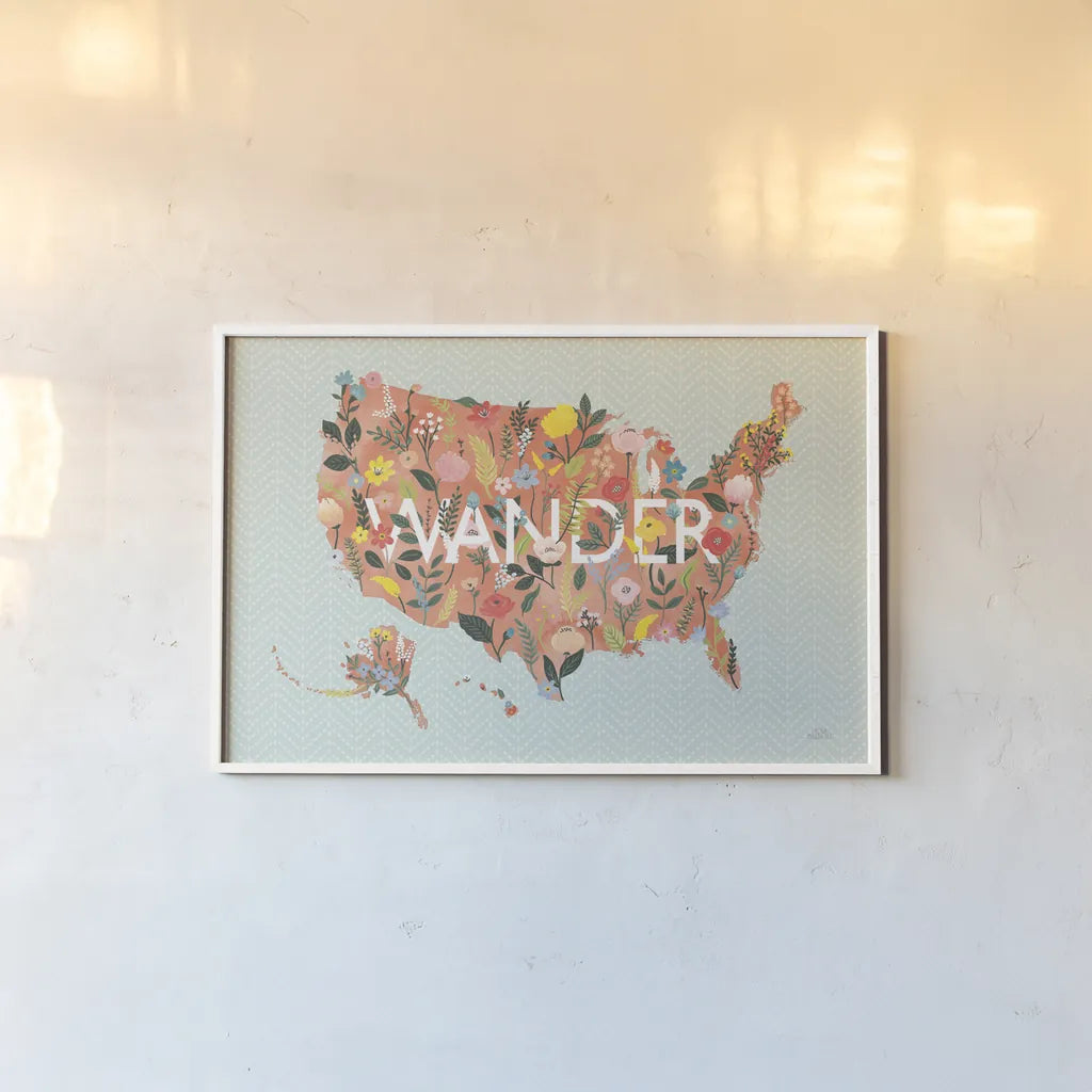 Wild Garden USA by Laura Marshall. shown as a paper print in a white frame. Available as a archival giclee rolled canvas, fine art paper, or poster print. SKU 49065i.