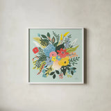 Wild Garden VI Blue by Laura Marshall. Shown in a crisp white glass frame for a clean and minimalist style. Available as an archival giclee rolled canvas, fine art paper, or poster print. SKU 64016a.