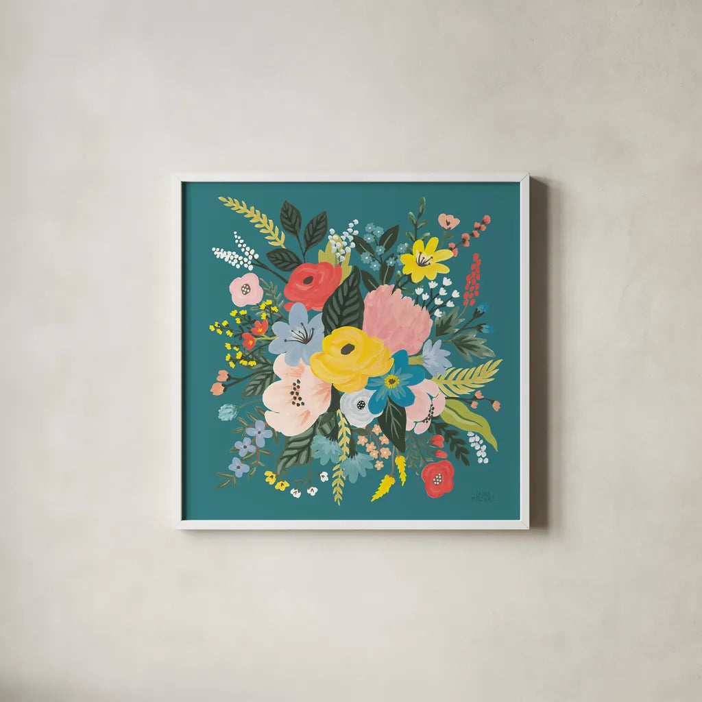 Wild Garden VII by Laura Marshall. Shown in a crisp white glass frame for a clean and minimalist style. Available as an archival giclee rolled canvas, fine art paper, or poster print. SKU 49063a.