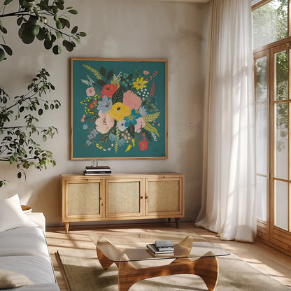 Wild Garden VII by Laura Marshall. Shown in a natural wood frame in a cozy modern living room. Available as an archival giclee rolled canvas, fine art paper, or poster print. SKU 49063a.
