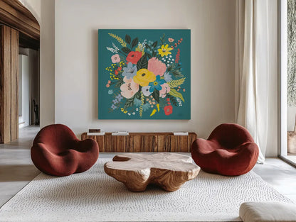 Wild Garden VII by Laura Marshall. Shown as extra-large giant wall art in a modern living room. Available as an archival giclee rolled canvas, fine art paper, or poster print. SKU 49063a.