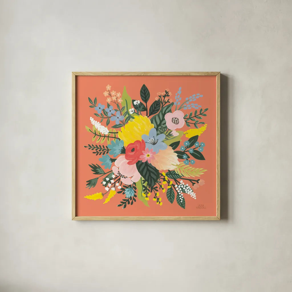 Wild Garden VIII by Laura Marshall. Shown in a natural wood glass frame for a timeless modern aesthetic. Available as an archival giclee rolled canvas, fine art paper, or poster print. SKU 49064a.