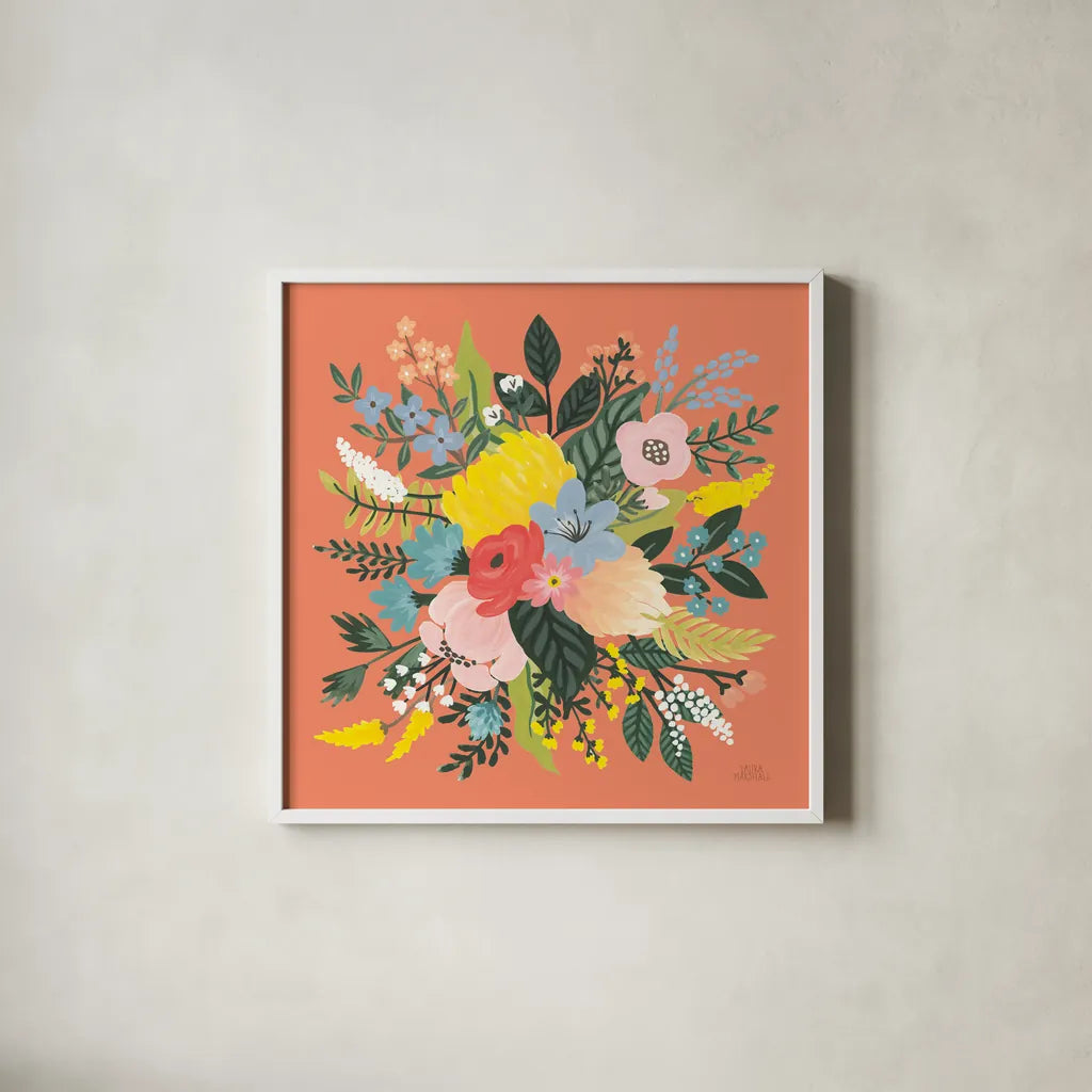 Wild Garden VIII by Laura Marshall. Shown in a crisp white glass frame for a clean and minimalist style. Available as an archival giclee rolled canvas, fine art paper, or poster print. SKU 49064a.