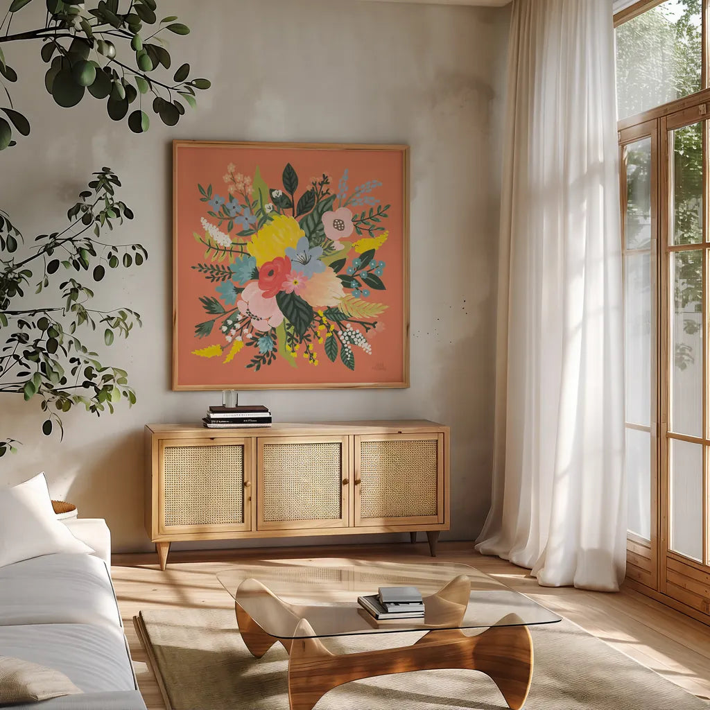 Wild Garden VIII by Laura Marshall. Shown in a natural wood frame in a cozy modern living room. Available as an archival giclee rolled canvas, fine art paper, or poster print. SKU 49064a.