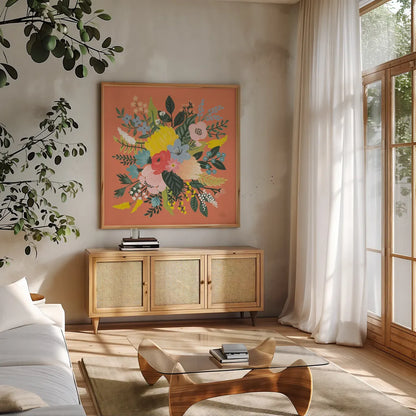 Wild Garden VIII by Laura Marshall. Shown in a natural wood frame in a cozy modern living room. Available as an archival giclee rolled canvas, fine art paper, or poster print. SKU 49064a.