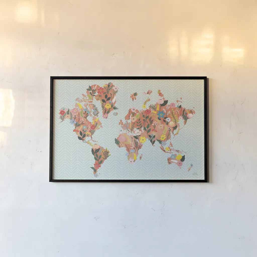 Wild Garden World by Laura Marshall. shown as a paper print in a black flame. Available as a archival giclee rolled canvas, fine art paper, or poster print. SKU 49066i.