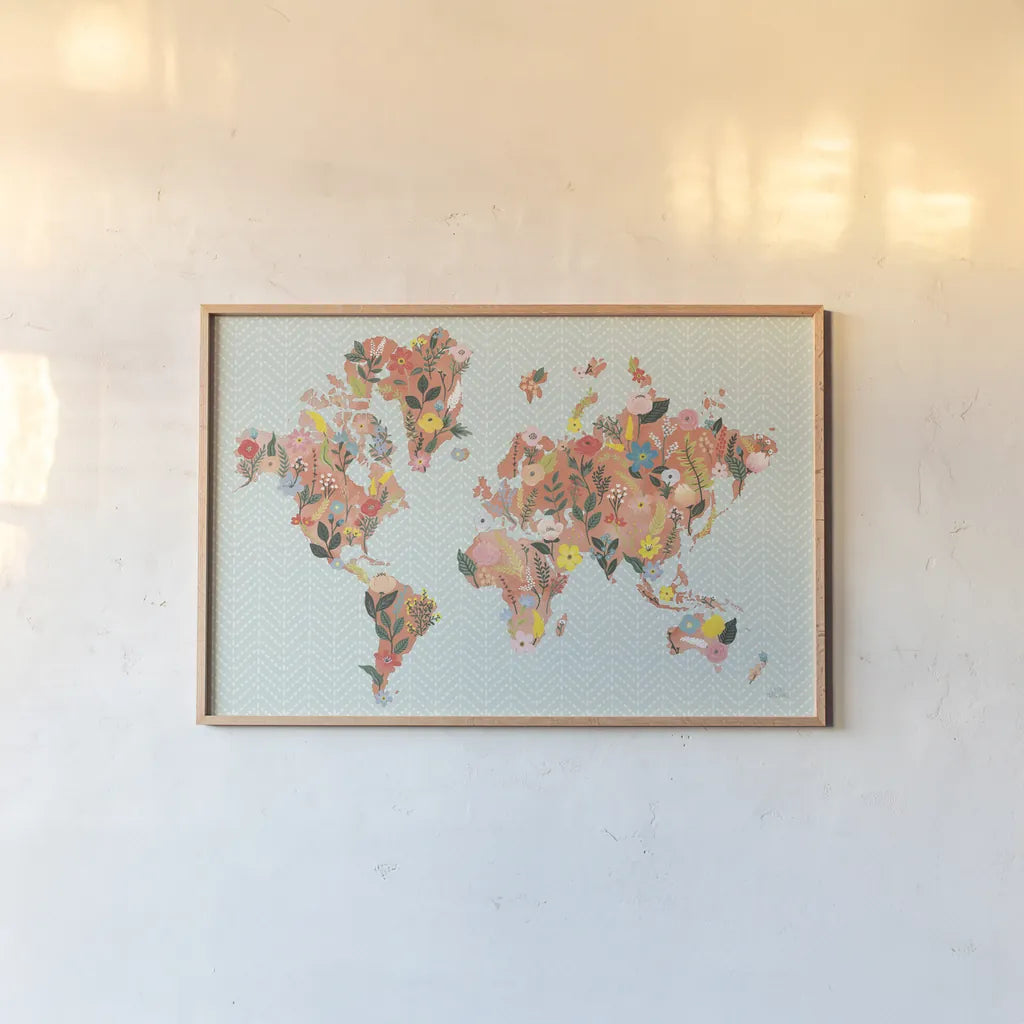 Wild Garden World by Laura Marshall. shown as a paper print in a natural frame. Available as a archival giclee rolled canvas, fine art paper, or poster print. SKU 49066i.