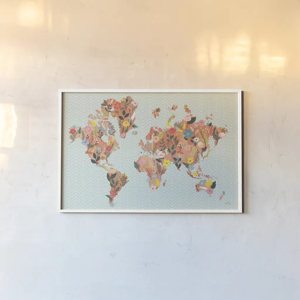 Wild Garden World by Laura Marshall. shown as a paper print in a white frame. Available as a archival giclee rolled canvas, fine art paper, or poster print. SKU 49066i.