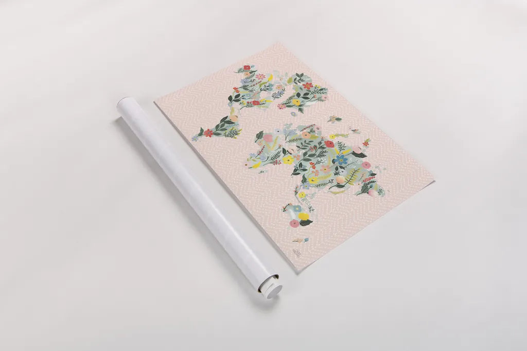 Wild Garden World Blush by Laura Marshall. shown as a rolled paper print. Available as archival giclee rolled canvas, fine art paper, or poster print. SKU 50409i.