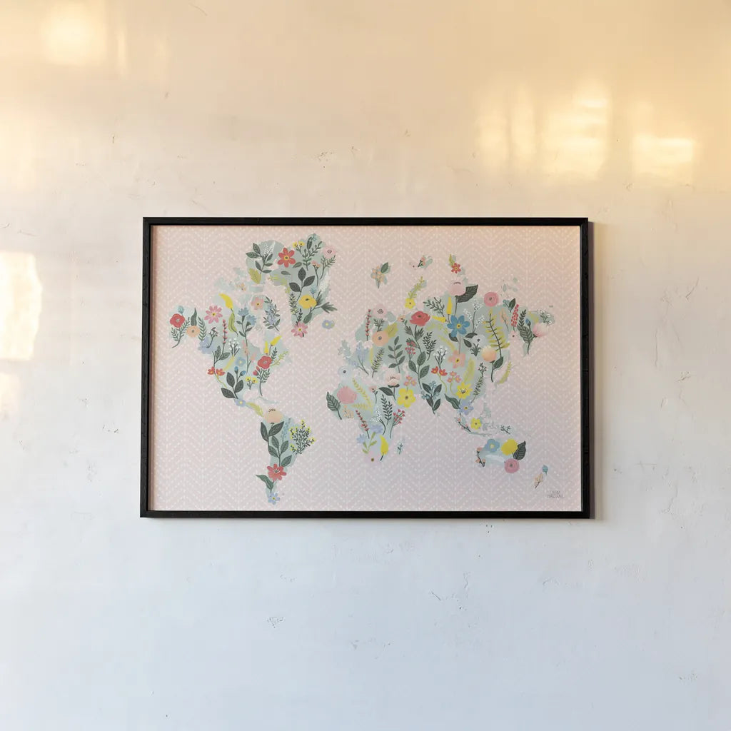 Wild Garden World Blush by Laura Marshall. shown as a paper print in a black flame. Available as a archival giclee rolled canvas, fine art paper, or poster print. SKU 50409i.