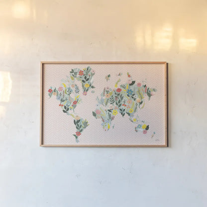 Wild Garden World Blush by Laura Marshall. shown as a paper print in a natural frame. Available as a archival giclee rolled canvas, fine art paper, or poster print. SKU 50409i.