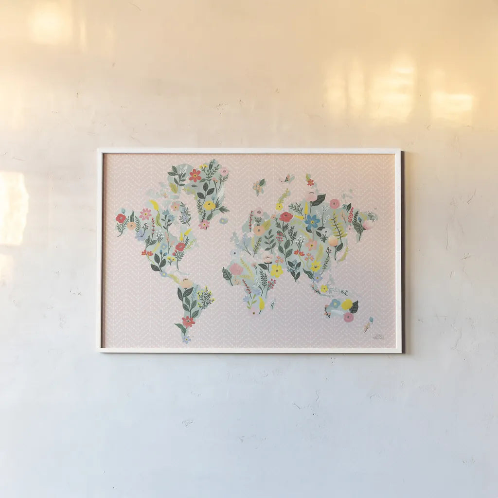 Wild Garden World Blush by Laura Marshall. shown as a paper print in a white frame. Available as a archival giclee rolled canvas, fine art paper, or poster print. SKU 50409i.