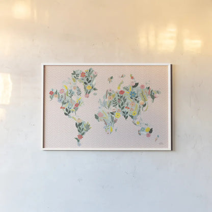 Wild Garden World Blush by Laura Marshall. shown as a paper print in a white frame. Available as a archival giclee rolled canvas, fine art paper, or poster print. SKU 50409i.