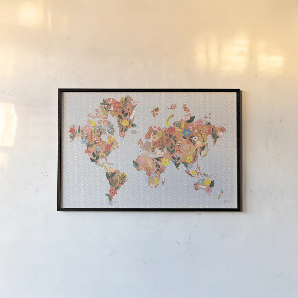 Wild Garden World Gray by Laura Marshall. shown as a paper print in a black flame. Available as a archival giclee rolled canvas, fine art paper, or poster print. SKU 50560i.