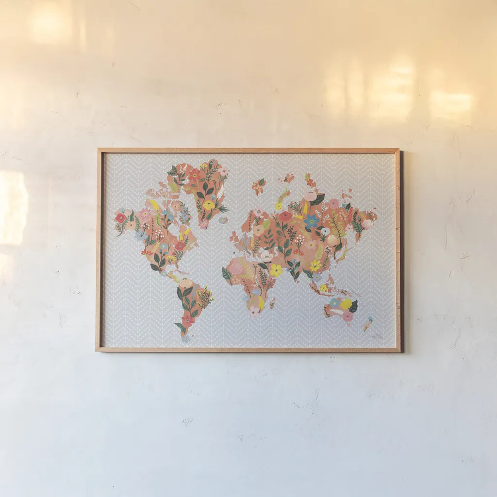 Wild Garden World Gray by Laura Marshall. shown as a paper print in a natural frame. Available as a archival giclee rolled canvas, fine art paper, or poster print. SKU 50560i.