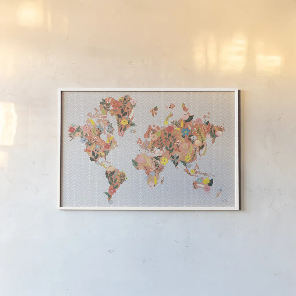 Wild Garden World Gray by Laura Marshall. shown as a paper print in a white frame. Available as a archival giclee rolled canvas, fine art paper, or poster print. SKU 50560i.