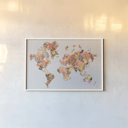 Wild Garden World Gray by Laura Marshall. shown as a paper print in a white frame. Available as a archival giclee rolled canvas, fine art paper, or poster print. SKU 50560i.