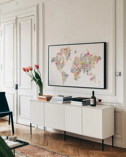 Wild Meadow World by Laura Marshall. shown as a framed stretched canvas in a living room above a console. Available as a archival giclee rolled canvas, fine art paper, or poster print. SKU 79367i.