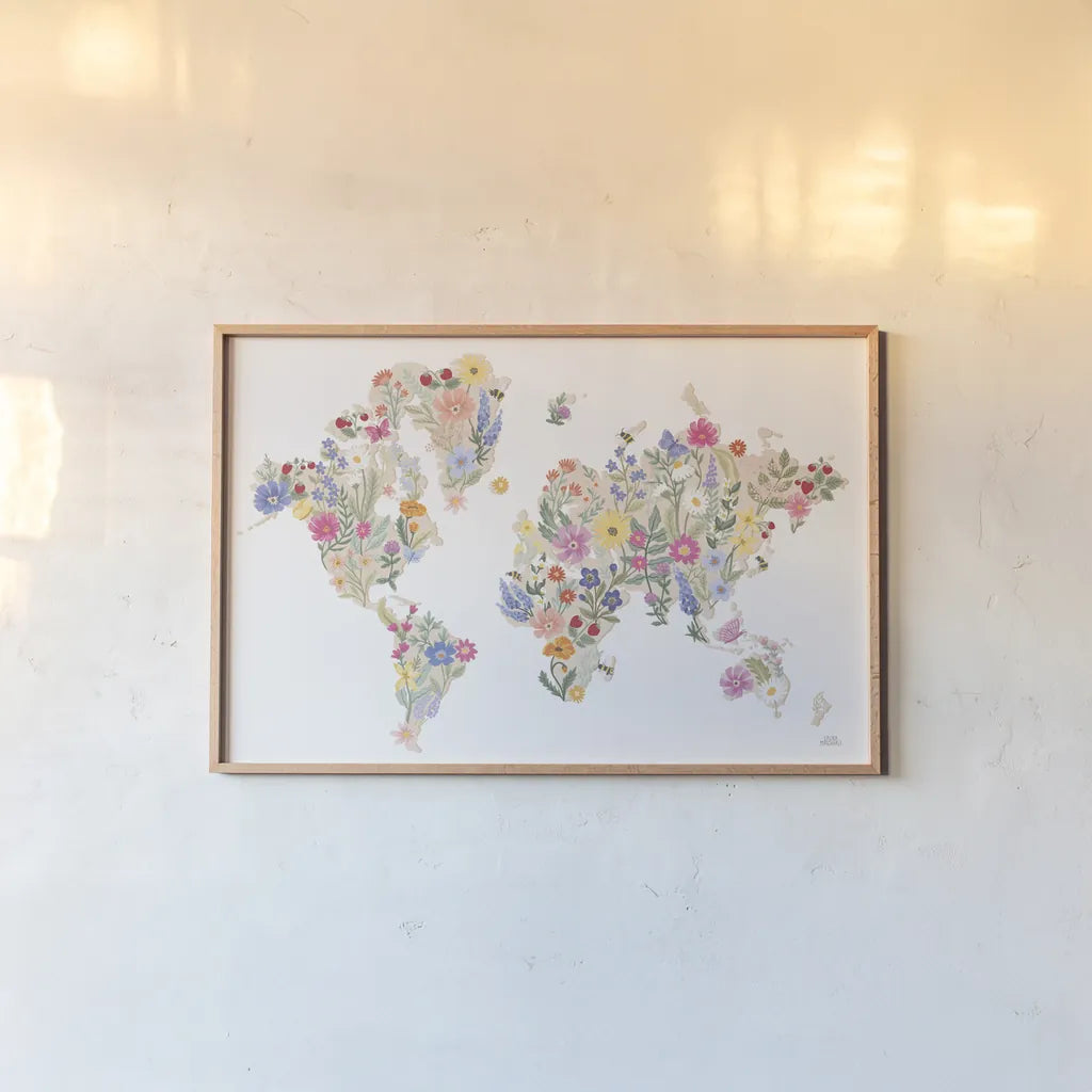 Wild Meadow World by Laura Marshall. shown as a paper print in a natural frame. Available as a archival giclee rolled canvas, fine art paper, or poster print. SKU 79367i.