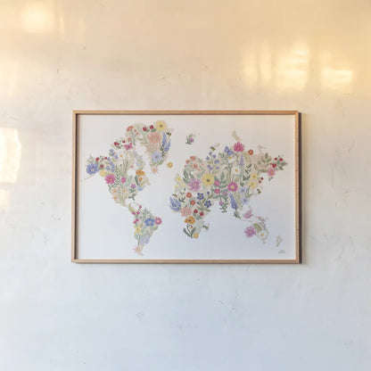 Wild Meadow World by Laura Marshall. shown as a paper print in a natural frame. Available as a archival giclee rolled canvas, fine art paper, or poster print. SKU 79367i.