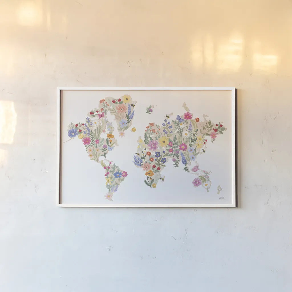 Wild Meadow World by Laura Marshall. shown as a paper print in a white frame. Available as a archival giclee rolled canvas, fine art paper, or poster print. SKU 79367i.