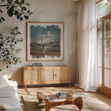 Wild Wishes I by Laura Marshall. Shown in a natural wood frame in a cozy modern living room. Available as an archival giclee rolled canvas, fine art paper, or poster print. SKU 31061a.