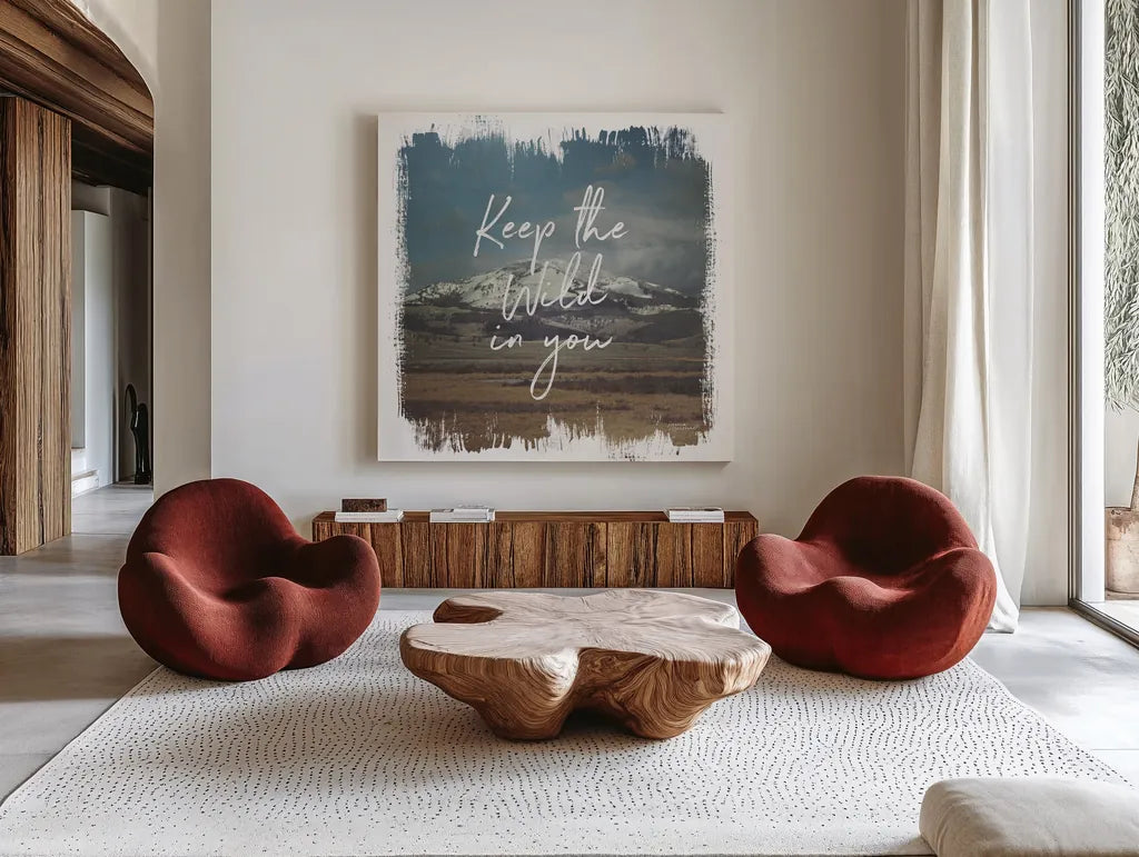 Wild Wishes I by Laura Marshall. Shown as extra-large giant wall art in a modern living room. Available as an archival giclee rolled canvas, fine art paper, or poster print. SKU 31061a.