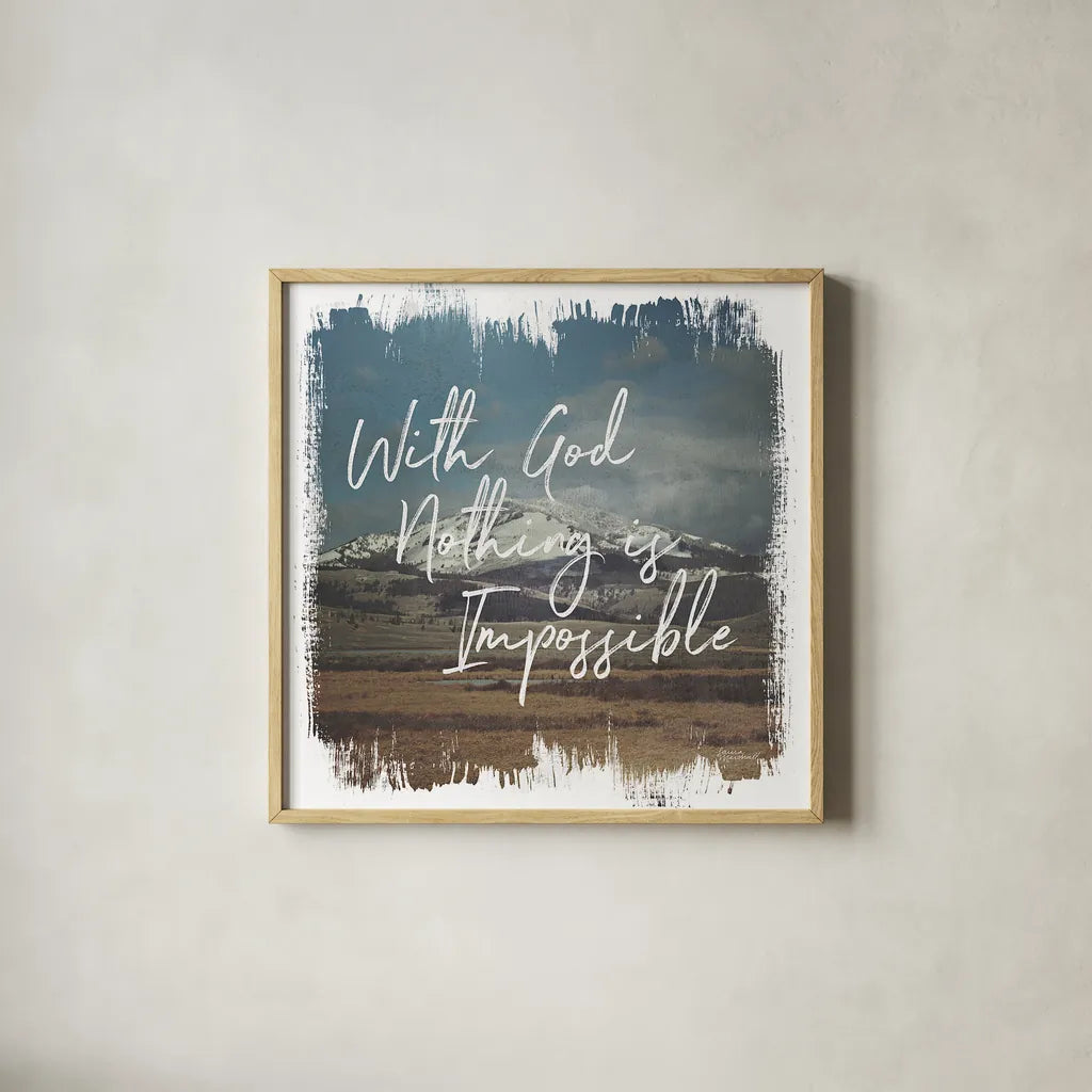 Wild Wishes I With God by Laura Marshall. Shown in a natural wood glass frame for a timeless modern aesthetic. Available as an archival giclee rolled canvas, fine art paper, or poster print. SKU 35161a.