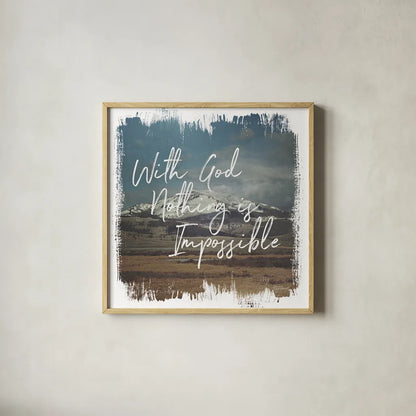 Wild Wishes I With God by Laura Marshall. Shown in a natural wood glass frame for a timeless modern aesthetic. Available as an archival giclee rolled canvas, fine art paper, or poster print. SKU 35161a.