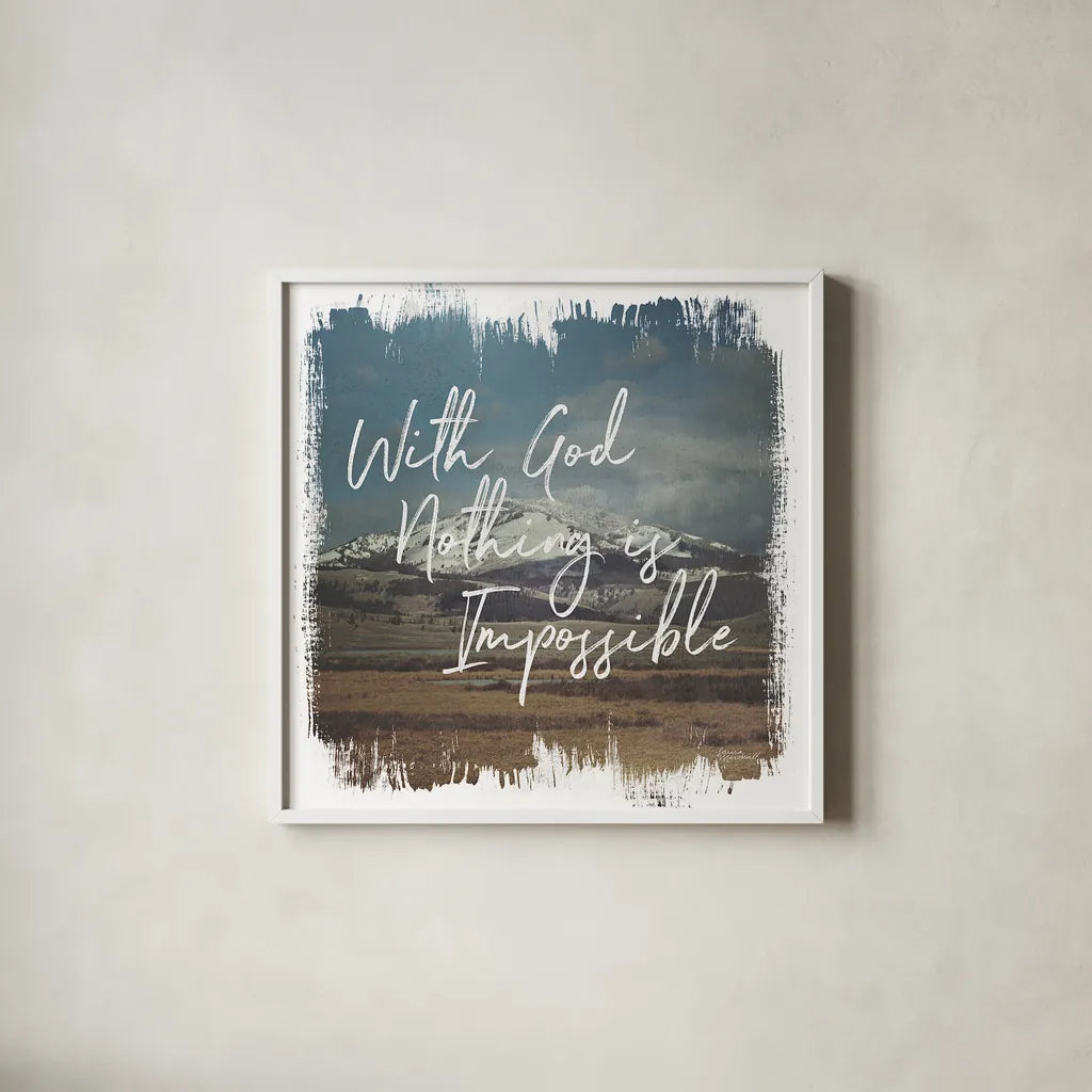 Wild Wishes I With God by Laura Marshall. Shown in a crisp white glass frame for a clean and minimalist style. Available as an archival giclee rolled canvas, fine art paper, or poster print. SKU 35161a.