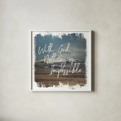 Wild Wishes I With God by Laura Marshall. Shown in a crisp white glass frame for a clean and minimalist style. Available as an archival giclee rolled canvas, fine art paper, or poster print. SKU 35161a.