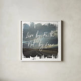 Wild Wishes II Live by Faith by Laura Marshall. Shown in a crisp white glass frame for a clean and minimalist style. Available as an archival giclee rolled canvas, fine art paper, or poster print. SKU 35162a.