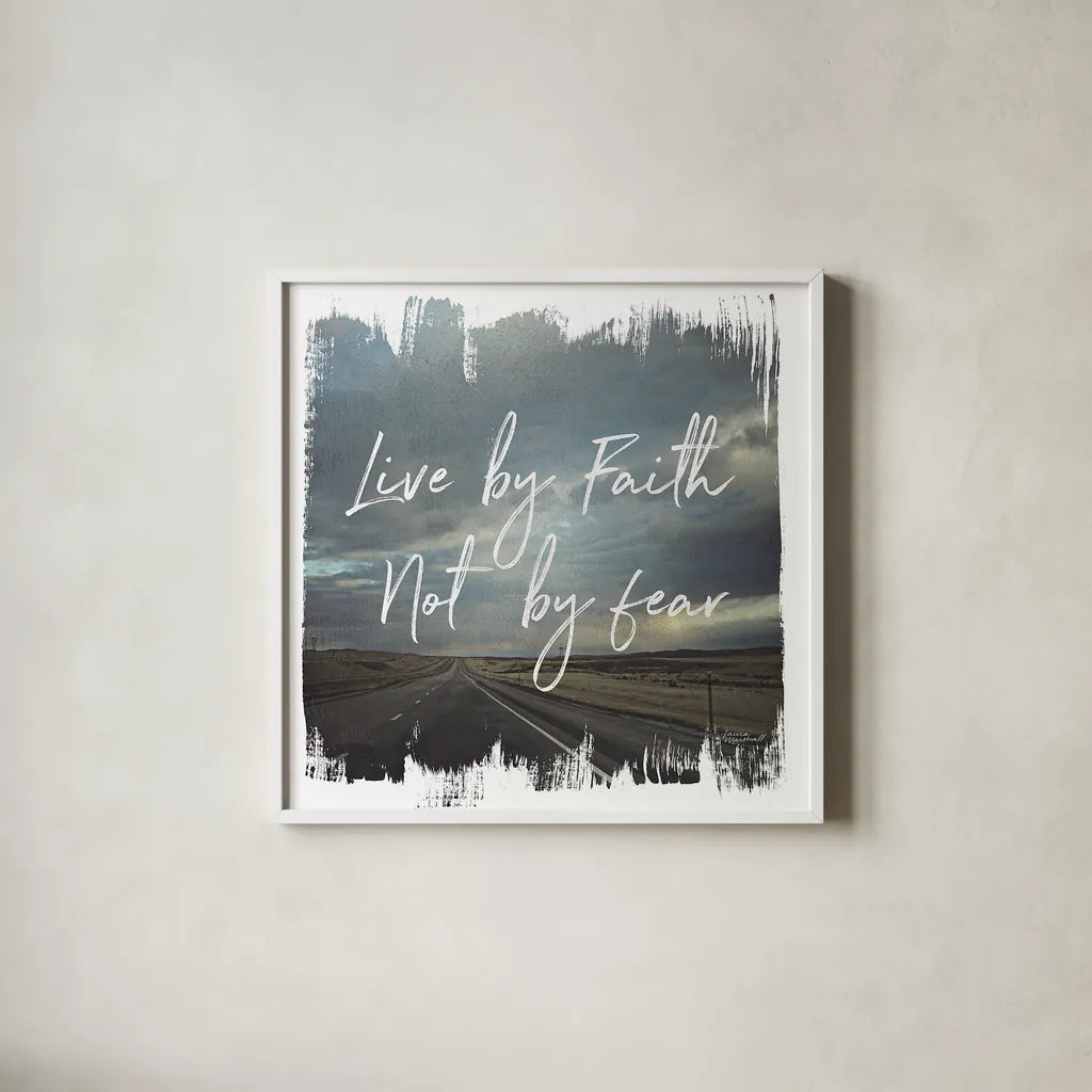 Wild Wishes II Live by Faith by Laura Marshall. Shown in a crisp white glass frame for a clean and minimalist style. Available as an archival giclee rolled canvas, fine art paper, or poster print. SKU 35162a.
