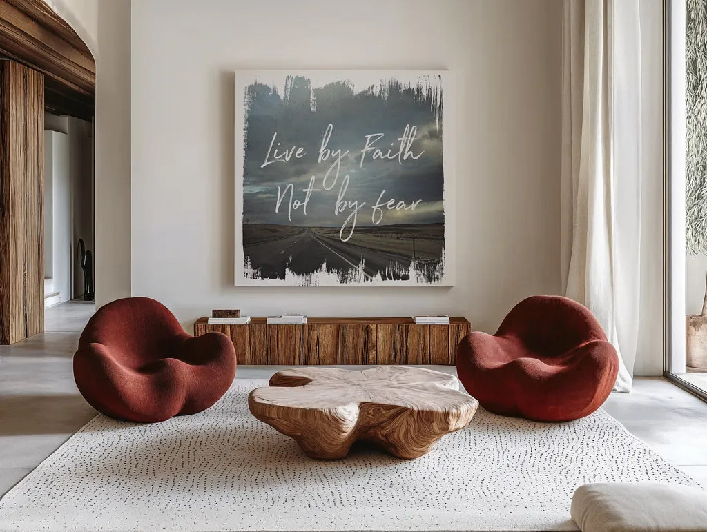 Wild Wishes II Live by Faith by Laura Marshall. Shown as extra-large giant wall art in a modern living room. Available as an archival giclee rolled canvas, fine art paper, or poster print. SKU 35162a.