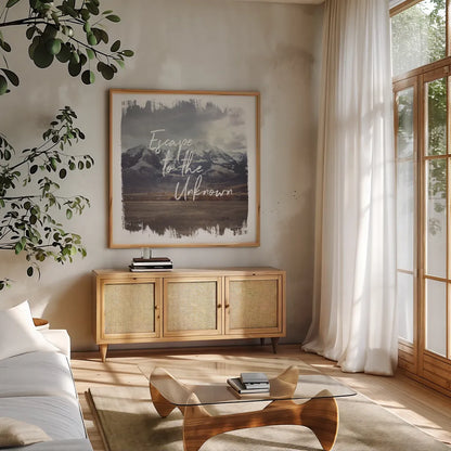 Wild Wishes IV by Laura Marshall. Shown in a natural wood frame in a cozy modern living room. Available as an archival giclee rolled canvas, fine art paper, or poster print. SKU 31064a.