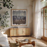 Wild Wishes IV Done in Love by Laura Marshall. Shown in a natural wood frame in a cozy modern living room. Available as an archival giclee rolled canvas, fine art paper, or poster print. SKU 35164a.