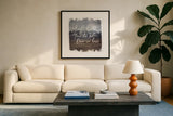 Wild Wishes IV Done in Love by Laura Marshall. Displayed in a glass frame with matte in a clean modern living room. Available as an archival giclee rolled canvas, fine art paper, or poster print. SKU 35164a.