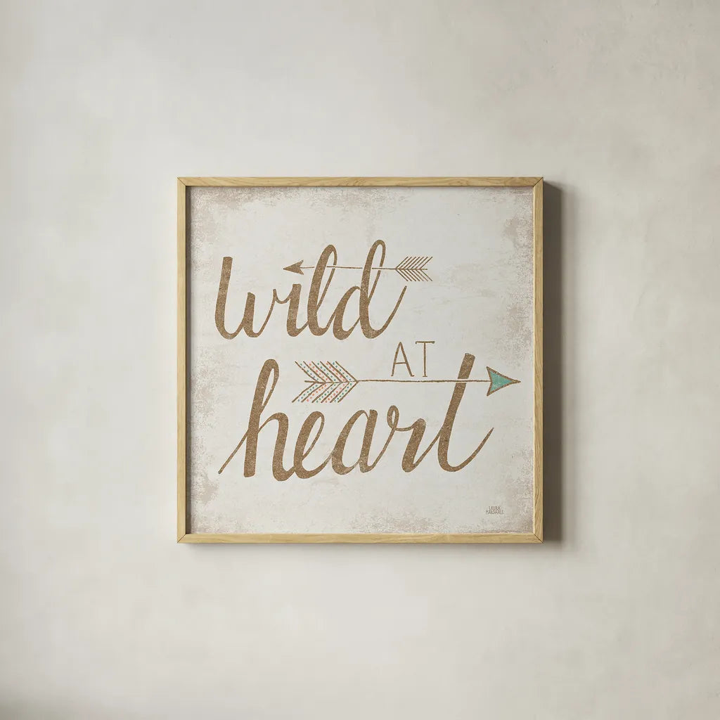 Wild at Heart Beige by Laura Marshall. Shown in a natural wood glass frame for a timeless modern aesthetic. Available as an archival giclee rolled canvas, fine art paper, or poster print. SKU 35062a.