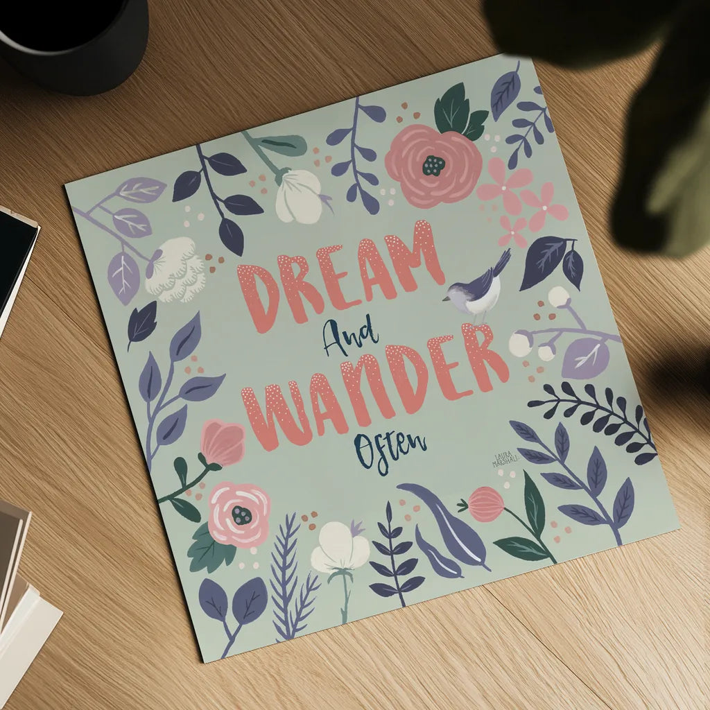 Wildflower Daydreams I Bird Dream by Laura Marshall. Shown as a detailed flat fine art print, highlighting archival giclee quality. Available as an archival giclee rolled canvas, fine art paper, or poster print. SKU 72784a.