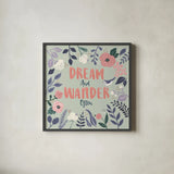 Wildflower Daydreams I Bird Dream by Laura Marshall. Shown in a sleek black glass frame for a contemporary gallery look. Available as an archival giclee rolled canvas, fine art paper, or poster print. SKU 72784a.
