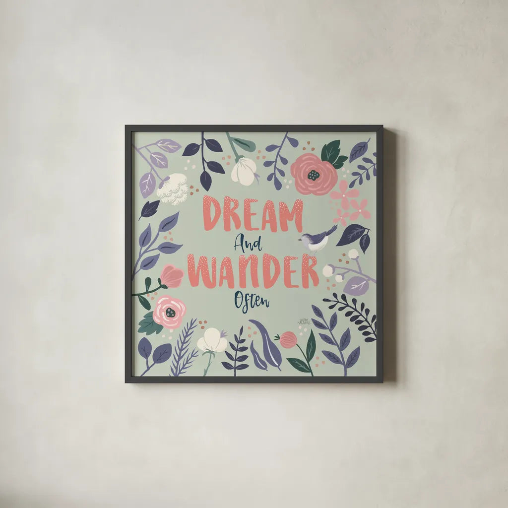 Wildflower Daydreams I Bird Dream by Laura Marshall. Shown in a sleek black glass frame for a contemporary gallery look. Available as an archival giclee rolled canvas, fine art paper, or poster print. SKU 72784a.